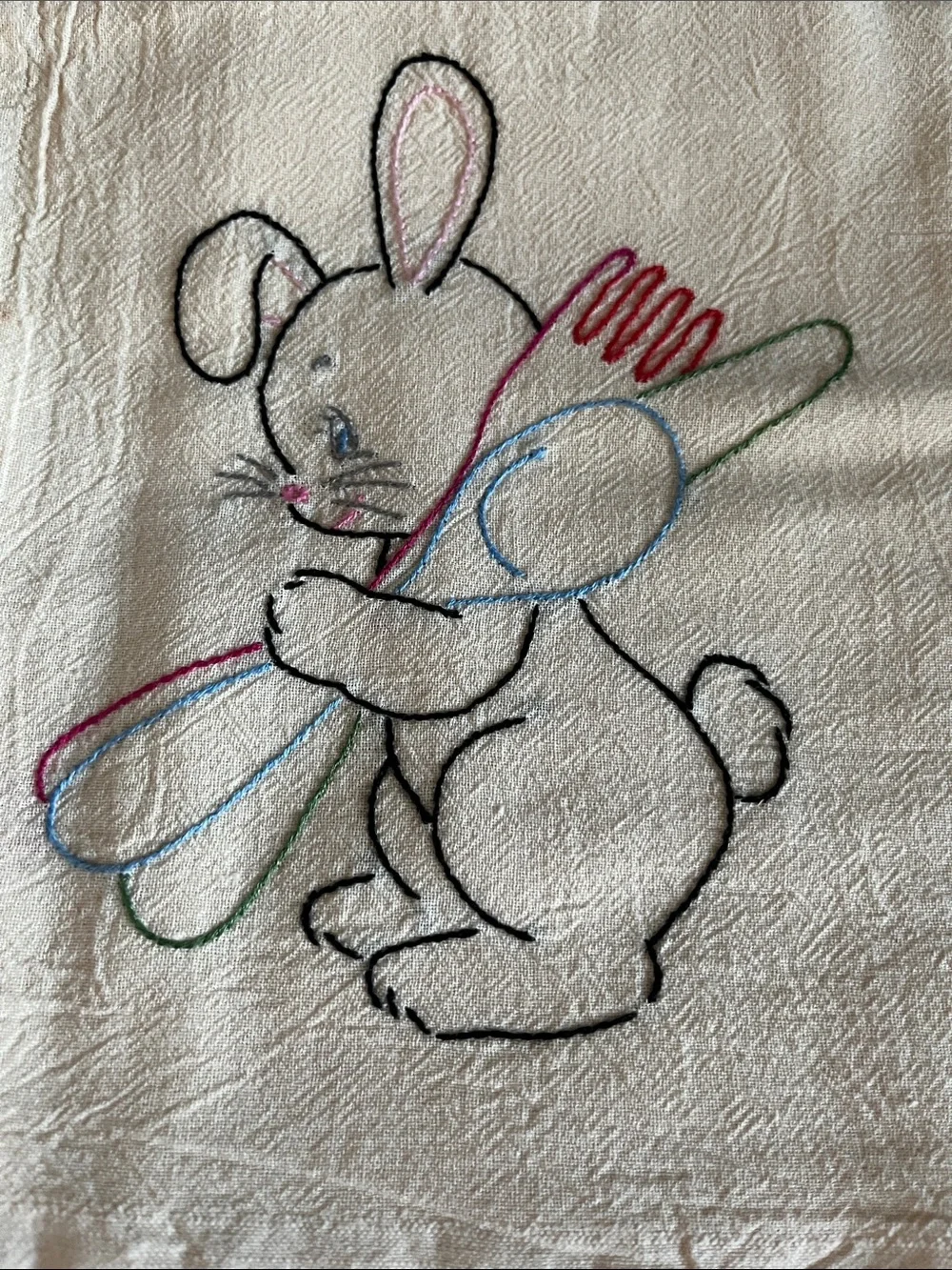 Set of 7 Vintage Hand Embroidered Bunny Tea Towels - Cream with Pastel Accents